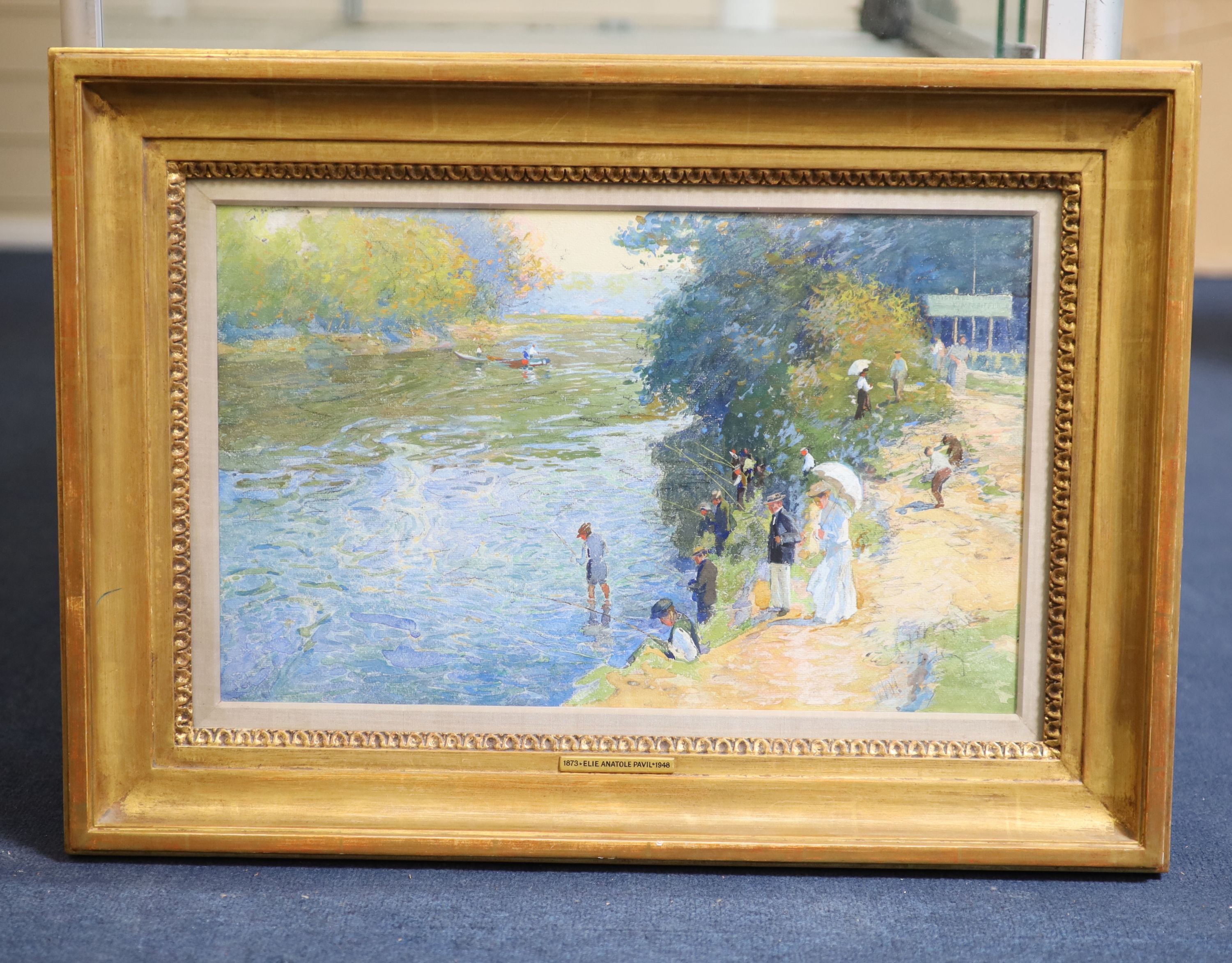 Elie Anatole Pavil (Ukrainian, 1873-1948), Figures on a river bank in summer, Watercolour, 29 x 46cm.